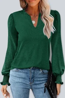 Green Frill V Neck Casual Shirred Cuffs Puff Long Sleeve Top