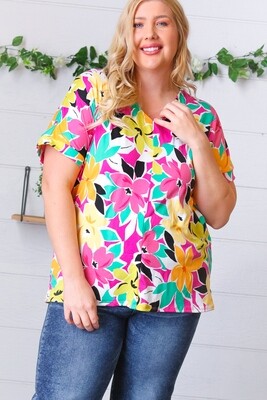 Fuchsia & Emerald Flat Floral V Neck Top