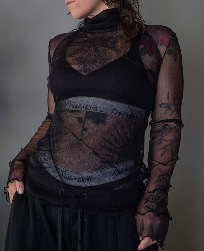Handcrafted black silk tulle top. Avant-garde transparent mesh style. High-end boutique fashion. Handmade in New Zealand.