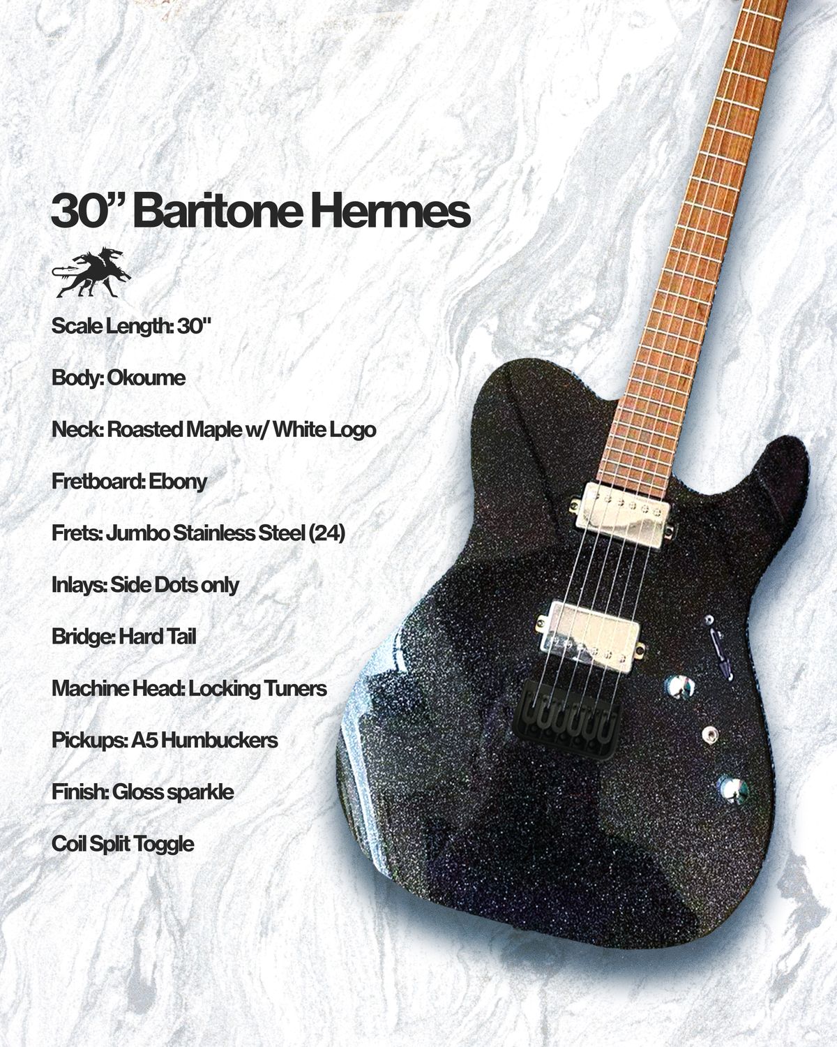 Hermes 6HT Baritone Run, Finish Option: Gloss Black (Roasted Maple Fretboard)