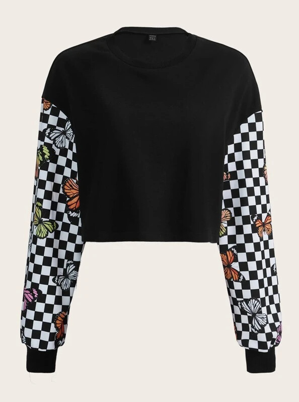 Pullover con estampado de cuadros &amp; de mariposa de hombros caídos