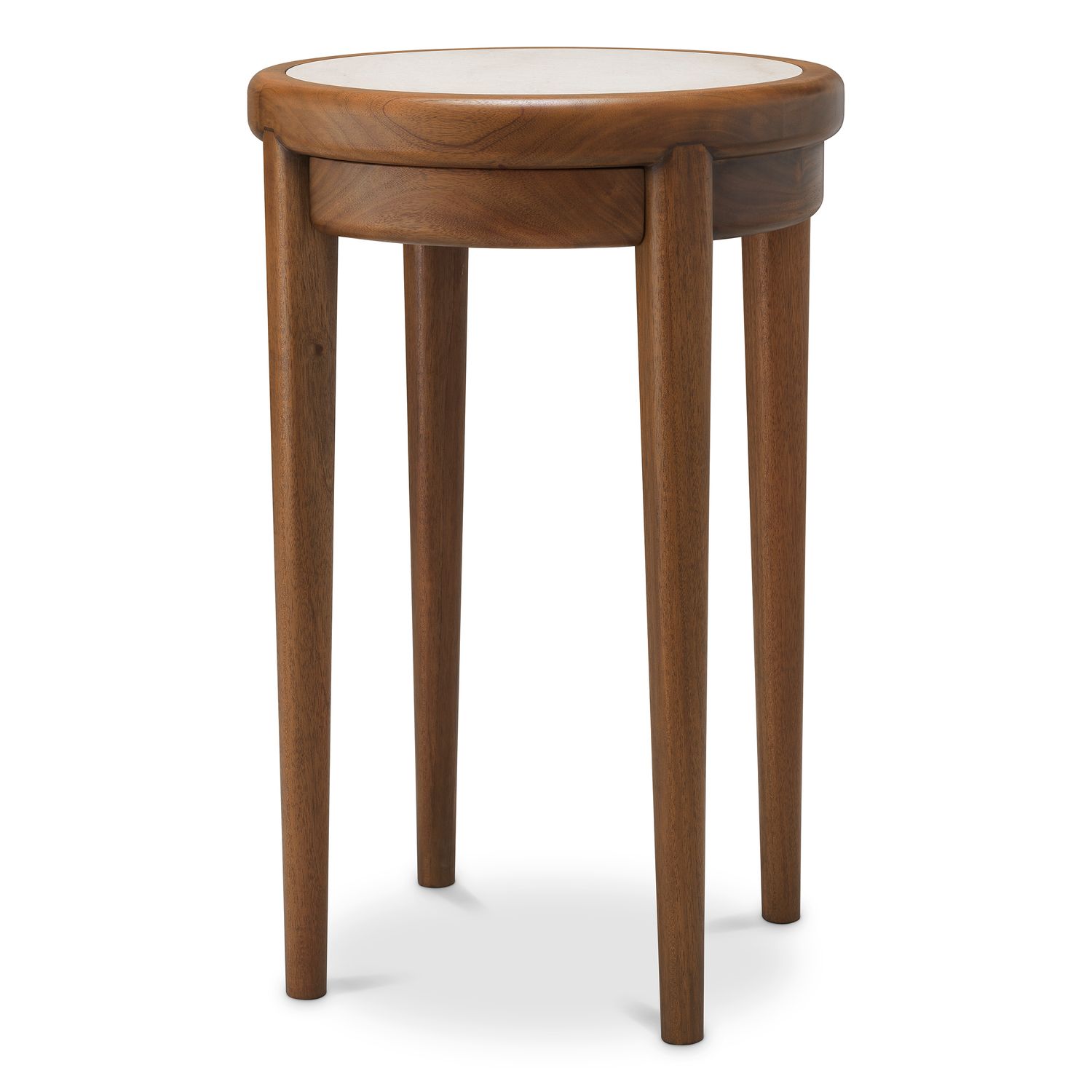 Side table Hensley round mahogany wood caramel finish beige marble