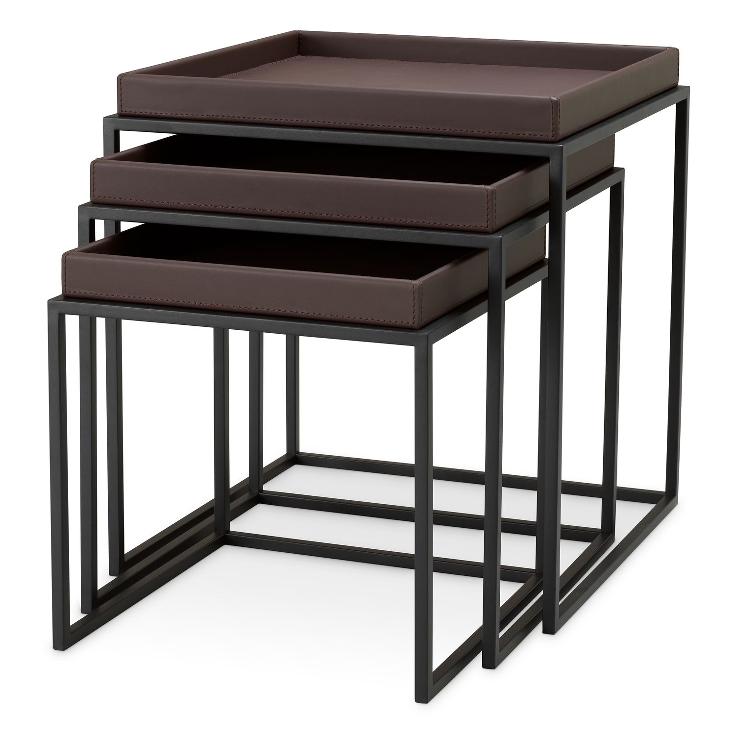 Side Table Léonard faux leather dark brown black finish set of 3