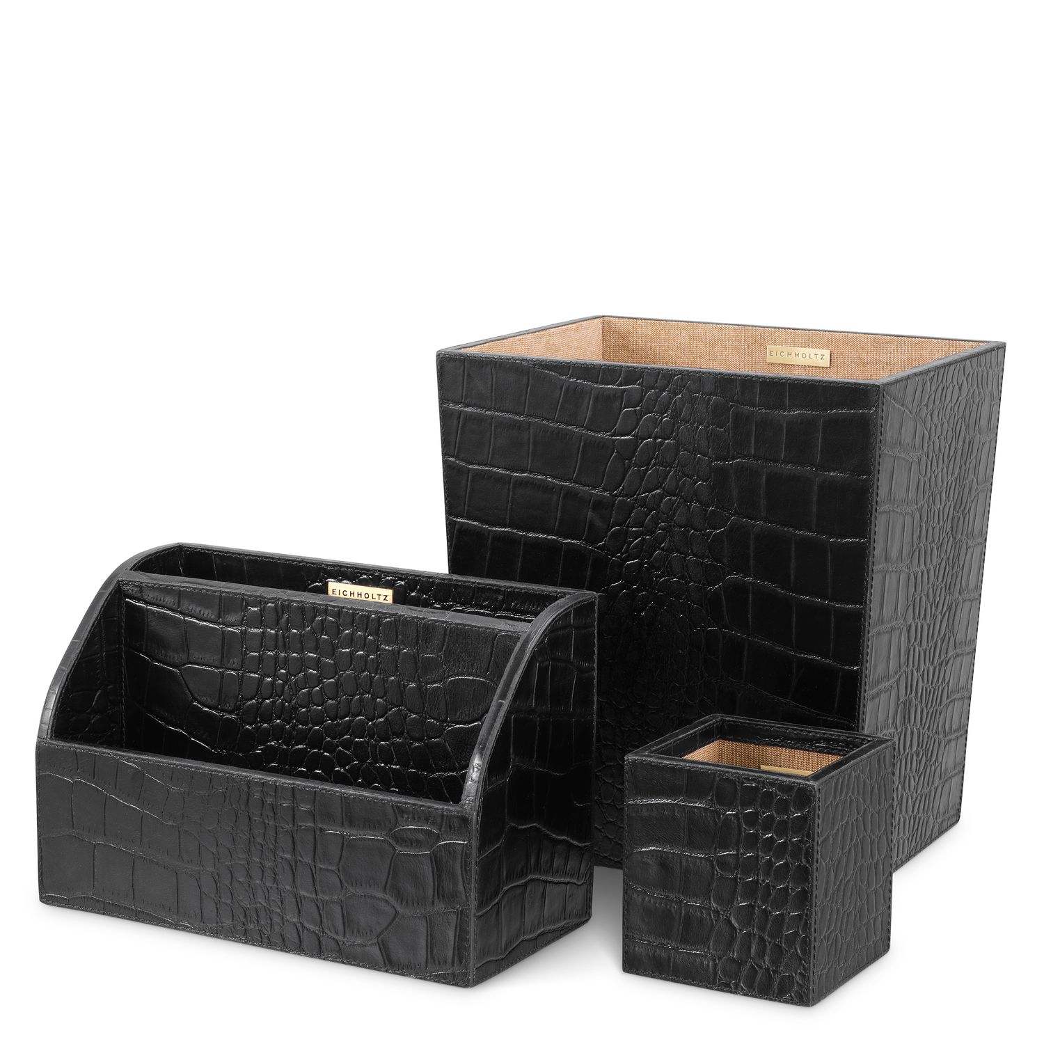 Desk Set Scaleo croco embossed black leather set of 3