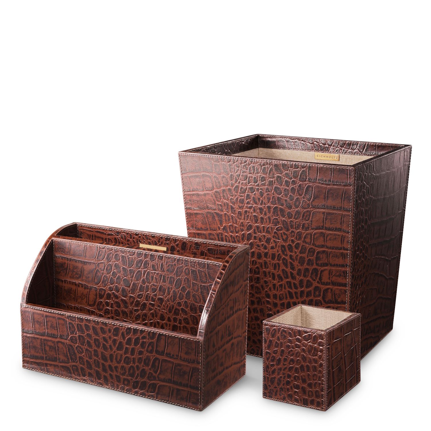 Desk Set Scaleo croco embossed antique brown leather set of 3