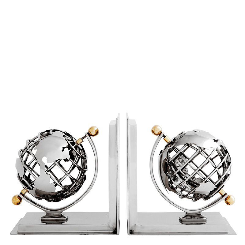 Bookend Globe nickel finish polished brass set of 2