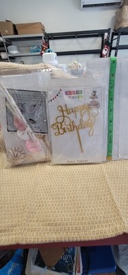 Happy Birthday Cake Topper package w/ balloons Gold wording