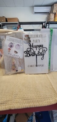 Happy Birthday Cake Topper package w/balloons- Black wording