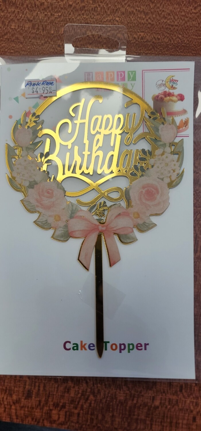 Pink Rose Floral Happy Birthday Topper
