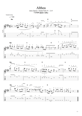 TAB - "Althea" - Jerry Garcia - all 5 guitar solos - Alpine Valley - 8-19-89