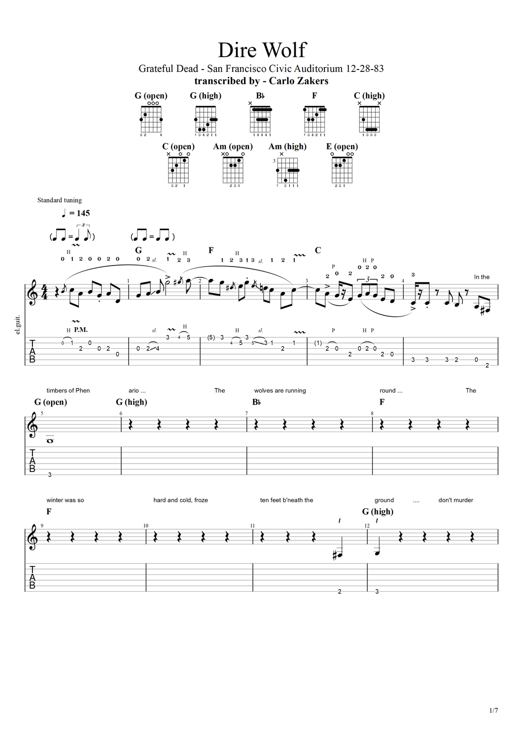 TAB - &quot;Dire Wolf&quot; - 12-28-83 - SF Civic Auditorium- Grateful Dead / Jerry Garcia guitar parts - full song