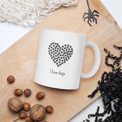 Weisse, glänzende Tasse &quot;I love dogs&quot;