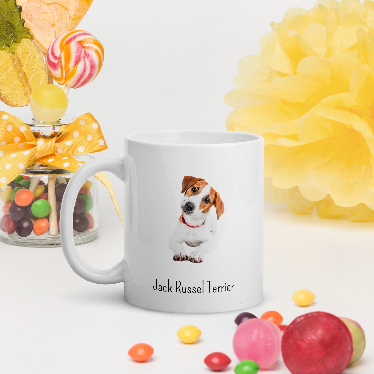 Weisse, glänzende Tasse "Jack Russel Terrier"