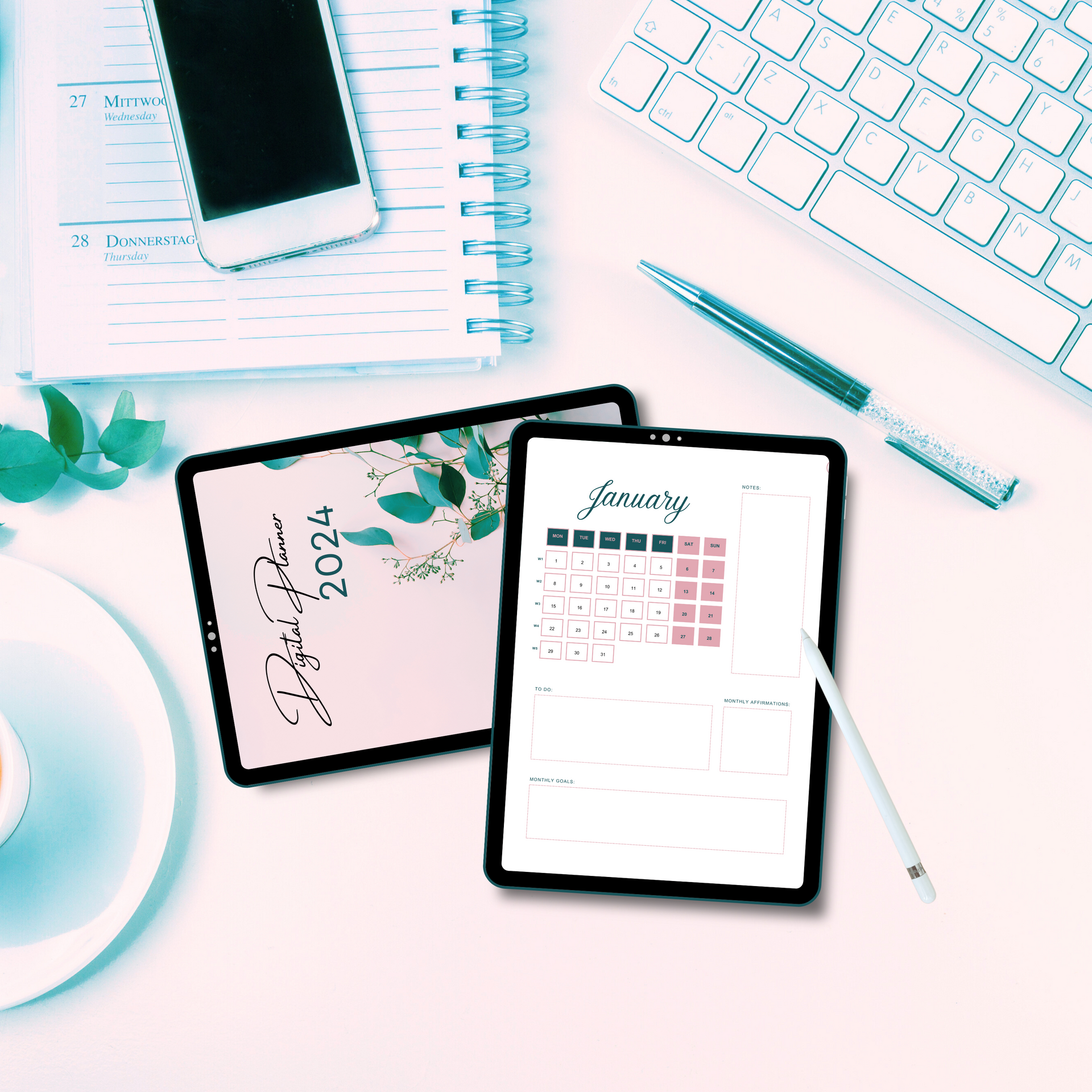 Premium Commercial & Personal Use Digital Planner Canva Template | Hyperlinked Tabs | Canva Digital Planner | Portrait Layout | 2024 Digital Planner | Dated Planner for 2024