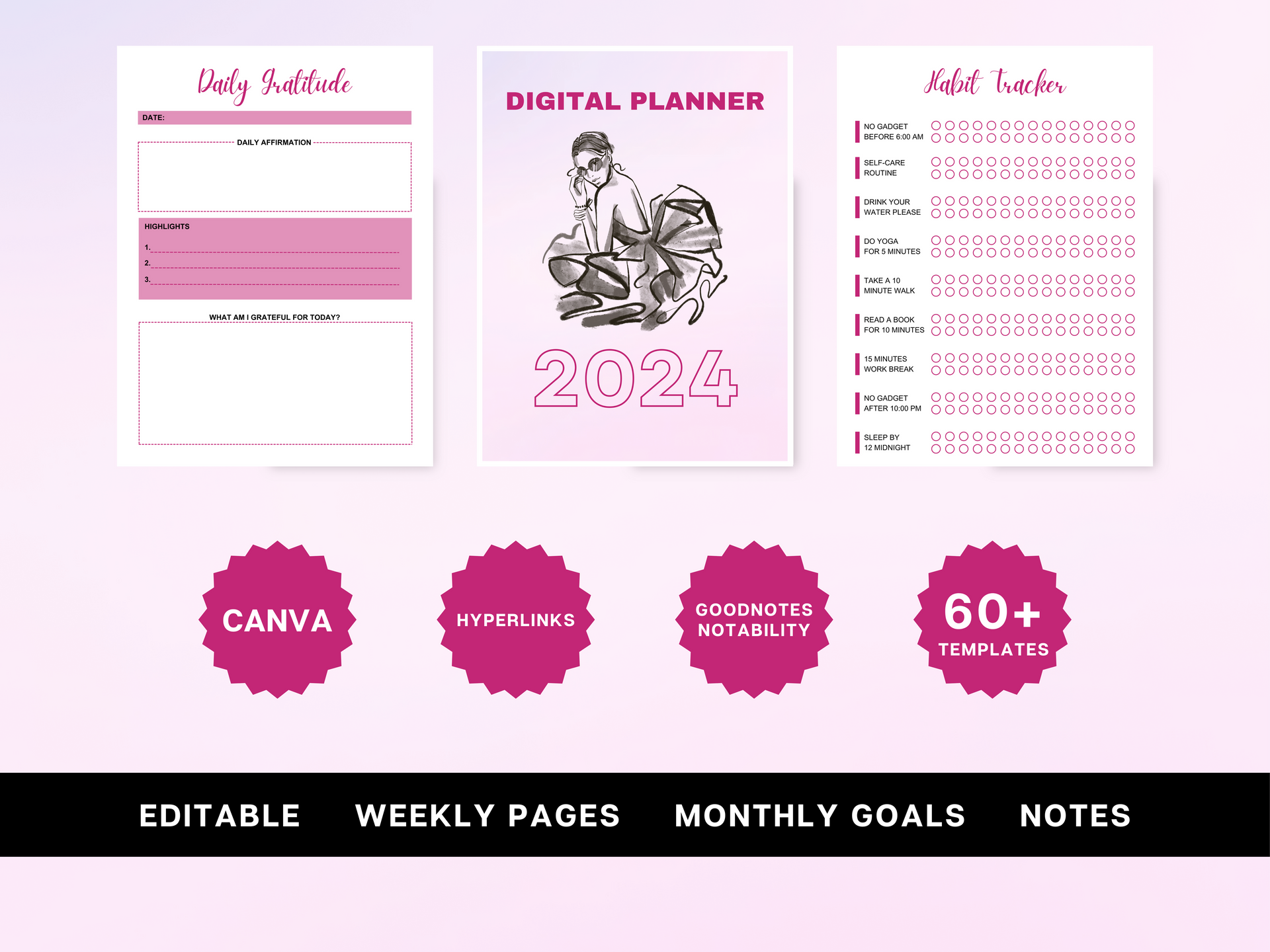 2024 Boss Lady Planner | Digital Planner for Small Business Owners | Female Entrepreneur Planner | Premium Commercial & Personal Use Canva Template | Hyperlinked Tabs | Portrait Layout | Dated Planner