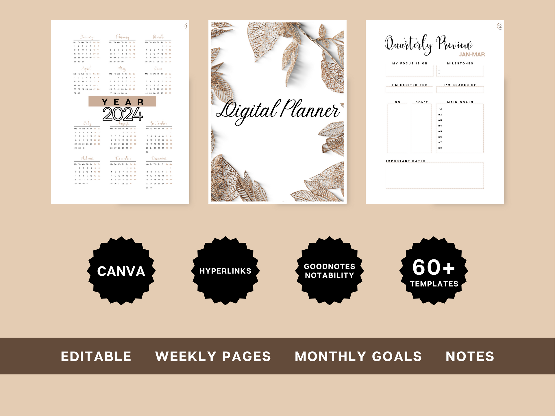 Undated Canva Digital Planner Template | Premium Commercial & Personal Use Canva Template | Undated & Hyperlinked Tabs | Canva Digital Planner | Portrait Layout