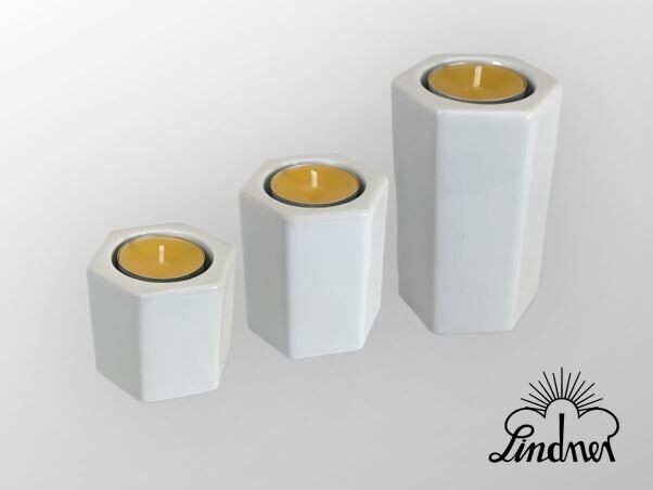 Set Leuchter 6-Eck in 3 Größen, mit 10 g Teelichtern Set Leuchter 6-Eck in 3 Größen, mit 10 g Teelichtern