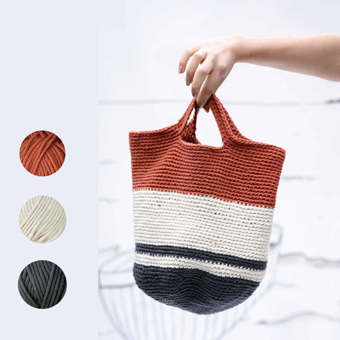Crochet kit yarn + pattern Bucket Bag, Choose your colour: Rust, Charcoal, Ivory