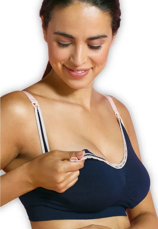 Soutien-Gorge de Maternité et d'Allaitement Bleu Marine avec Bordure Rose - Taille S -