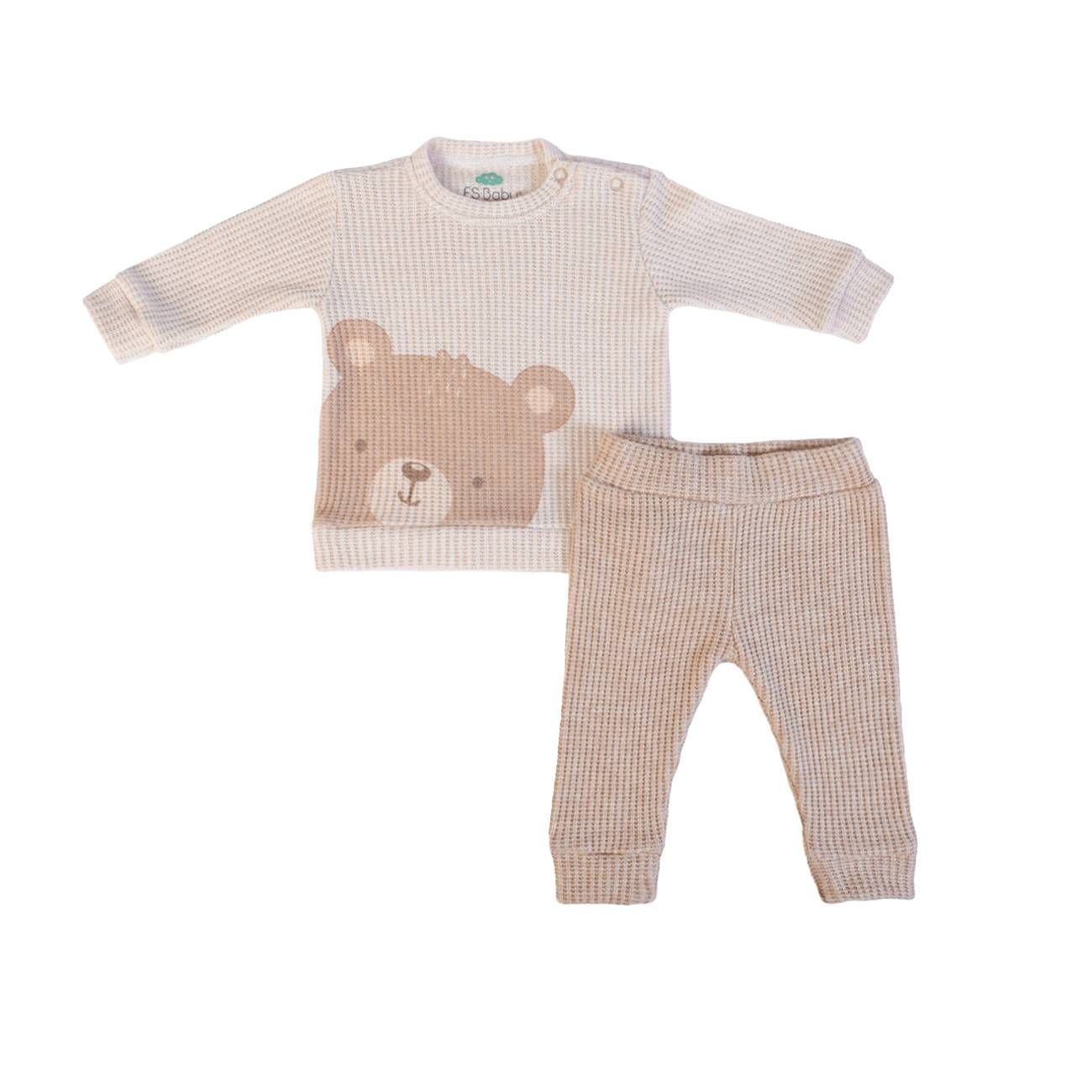 Ensemble 2 Pièces Tricoté Ours Beige / Taupe - Taille 12 Mois -