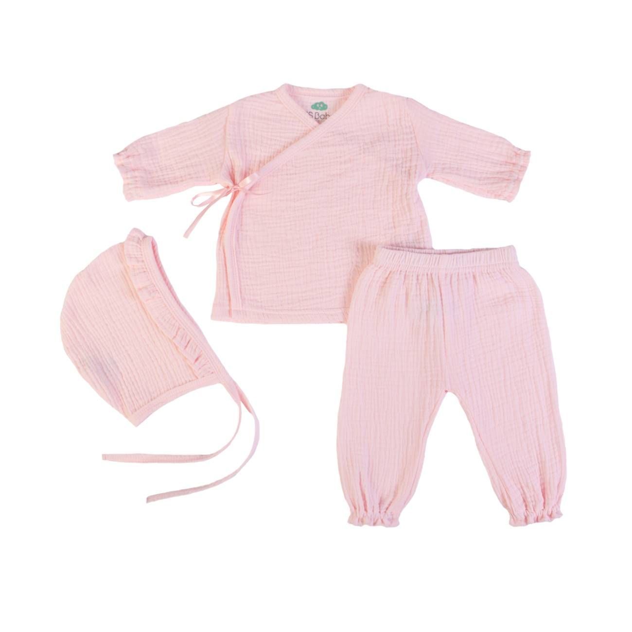 Ensemble 3 Pièces Mousseline Rose - Taille 6 Mois  -