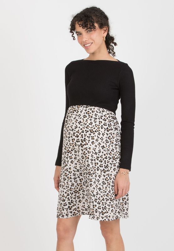 Robe de Maternité avec Corsage Côtelé et Jupe Imprimée - Taille XS -