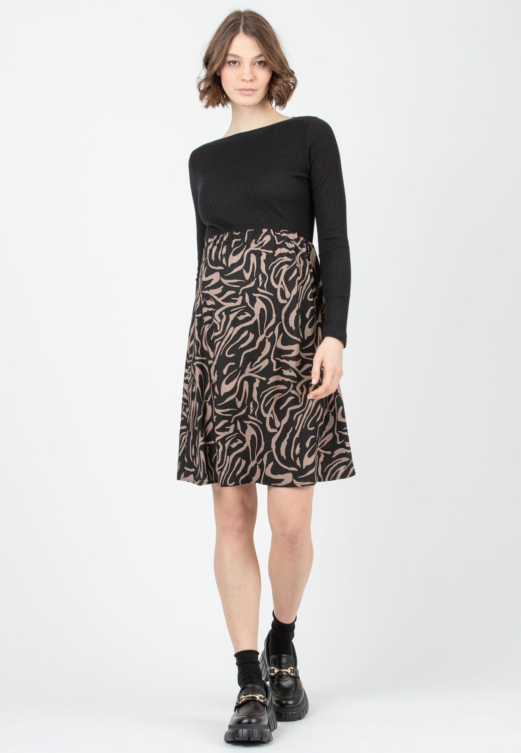 Robe de Maternité avec Corsage Côtelé et Jupe Imprimée Noir Beige - Taille S -
