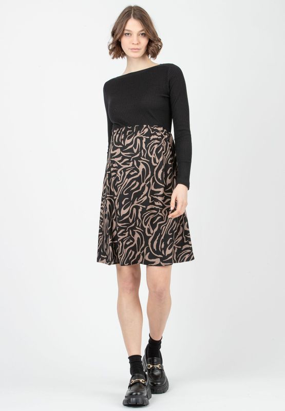 Robe de Maternité avec Corsage Côtelé et Jupe Imprimée Noir Beige - Taille M -