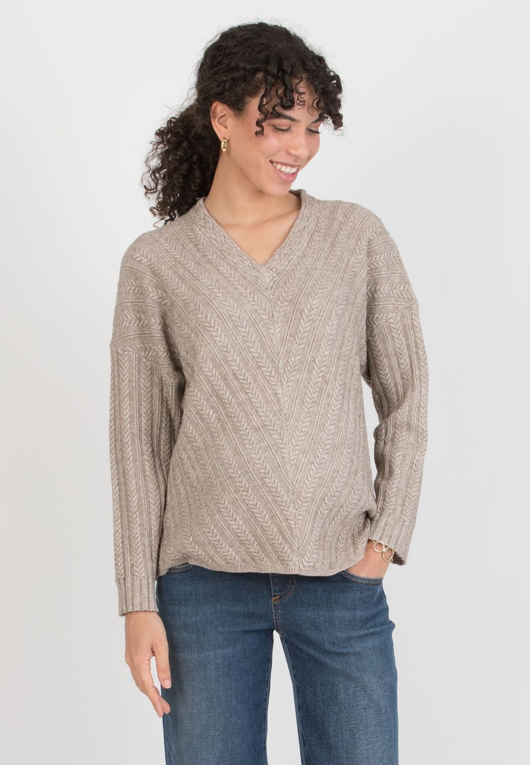 Pull en Maille à Col V Sable - Taille Unique - Pull en Maille à Col V Sable - Taille Unique -