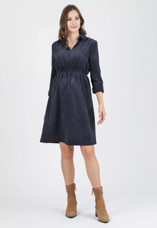 Robe de Grossesse et Allaitement en Velours Côtelé Bleu - Taille L -