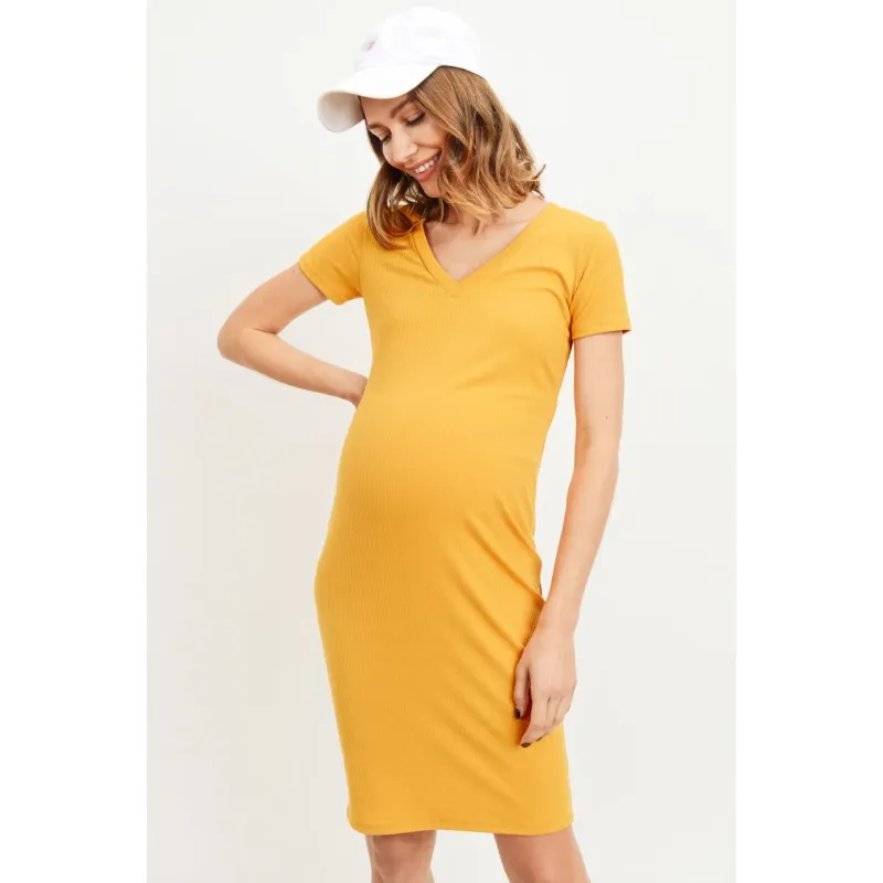 Robe Tee-Shirt de Maternité cintrée à Col V en Tricot Côtelé "Moutarde" - Taille M -