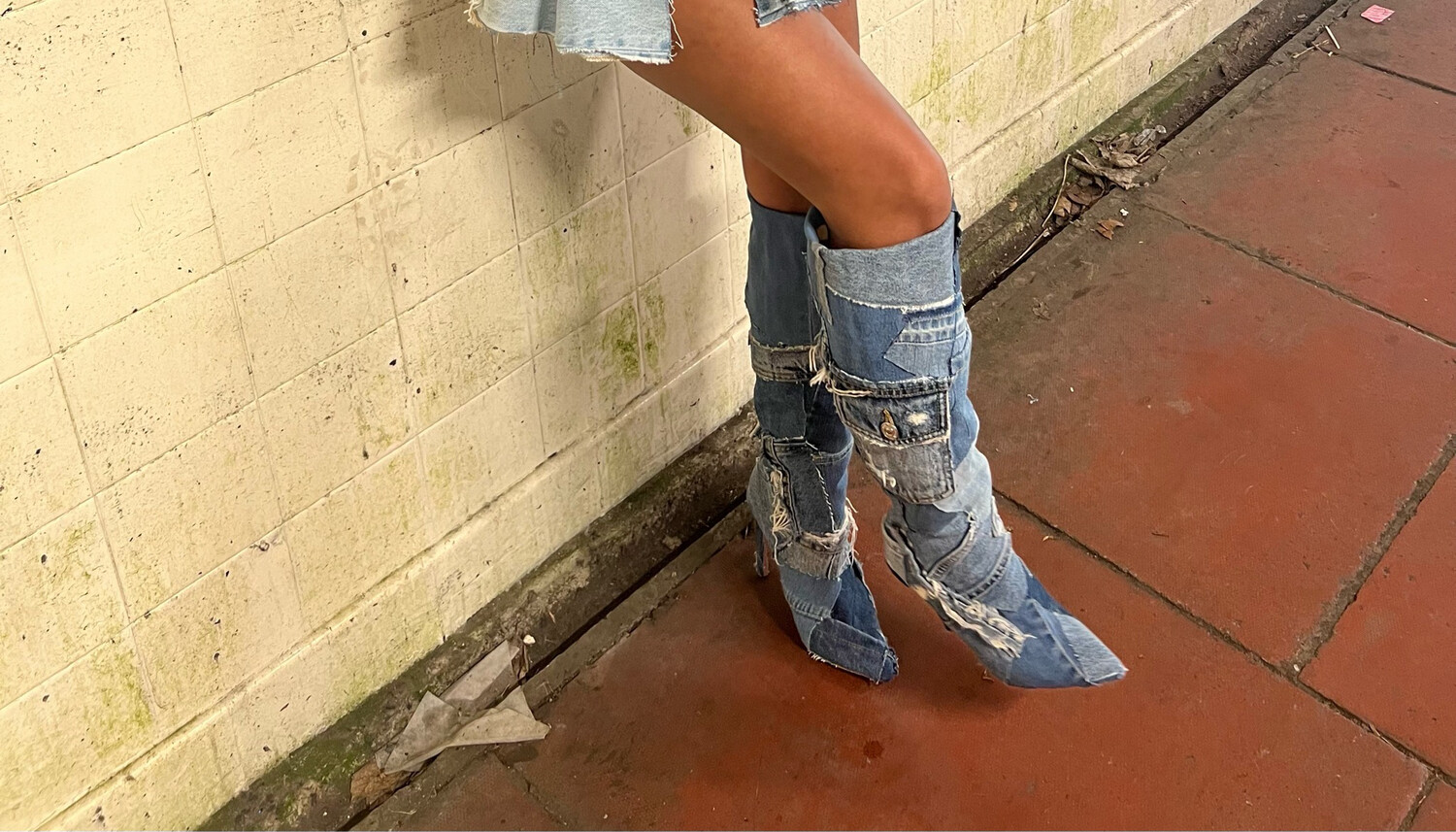 Patchwork knee high boot