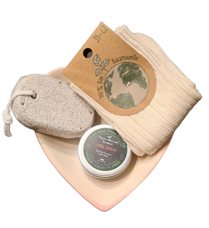 Shea Heel Balm, natural lava pumice stone, 100% organic cotton socks pack