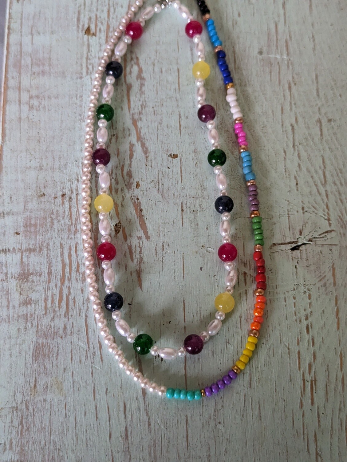 2pc colorful beaded and pearl collar necklaces, trendy pearl necklace set, gifts for her