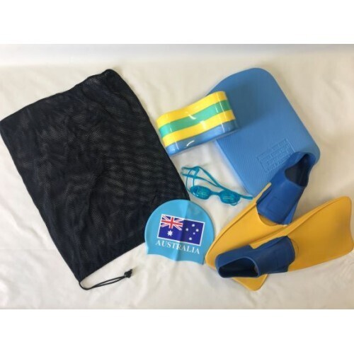 Full Training Bundle includes Kickboard, Mesh Storage Bag, Elite Goggles, Silicon Cap, Swim Fins