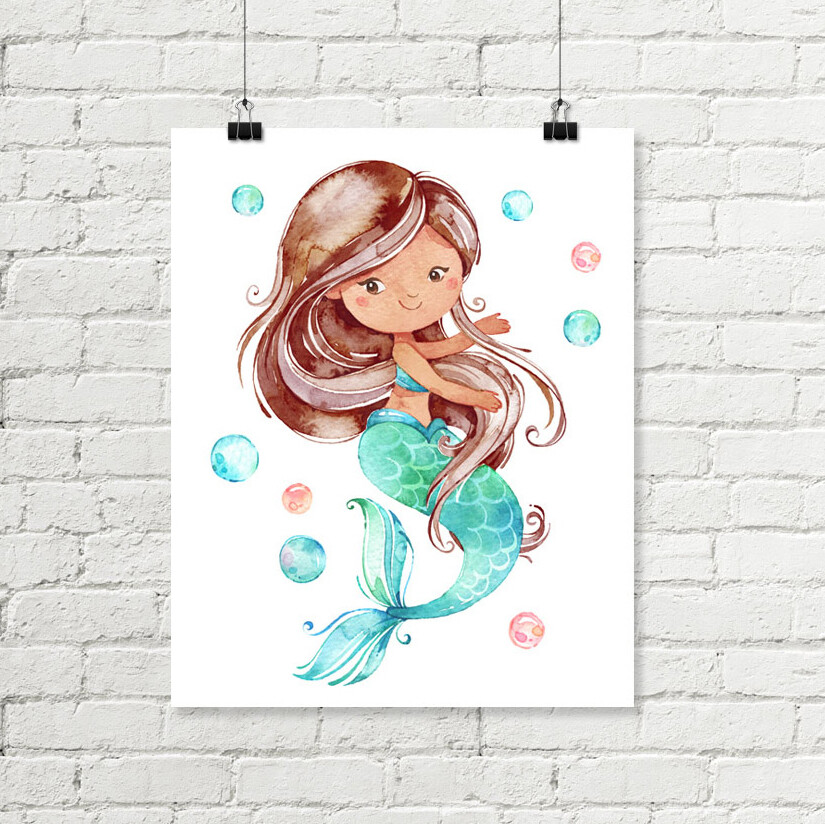 Mermaid Printable Art, Brown Hair Aqua Pink Watercolor Girls Bathroom Art