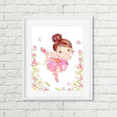 Ballerina Printable Art, Brown Hair Ballet Dancer Pink Flowers Watercolor
