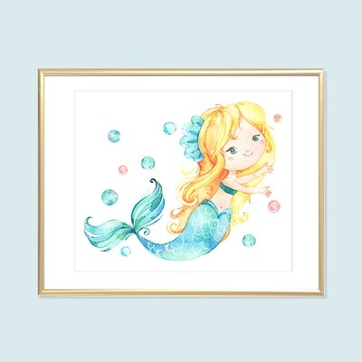 Blonde Mermaid Printable Art, Aqua Yellow Watercolor Kids Bathroom Art