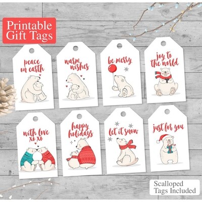 Printable Holiday Gift Tags Polar Bears Set of 8 DIY Christmas Tags Red White