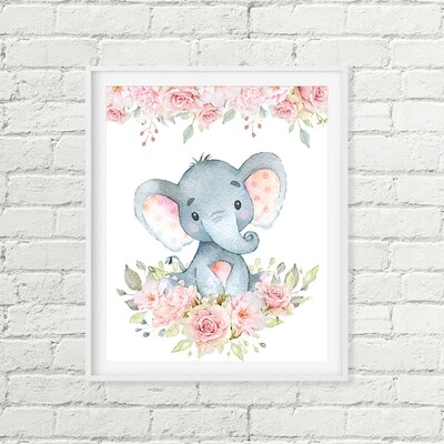 Pink Floral Elephant Nursery Art, Baby Shower Gift, Safari Animal Printable Art