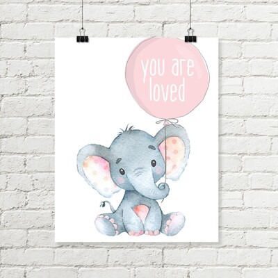 Elephant Printable Art, You Are Loved Pink Balloon, Safari Nursery Decor