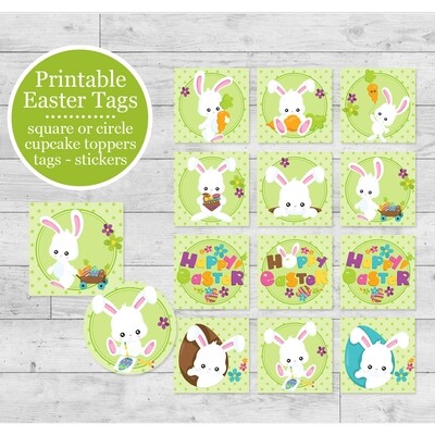 Printable Easter Bunny Tags, Stickers or Cupcake Toppers Set of 12 Treat Labels