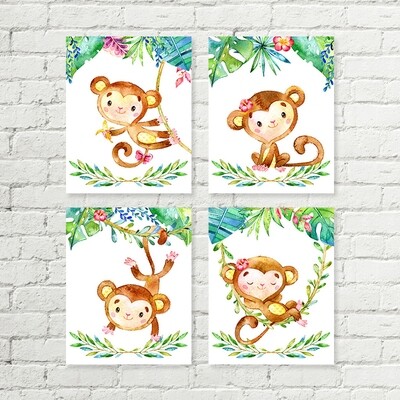 Monkey Printable Nursery Art, Set of Four Monkeys in the Jungle
