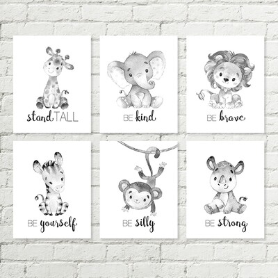 Grey Safari Animals Printable Nursery Art, Jungle Animals Baby Shower Gift