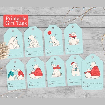 Printable Gift Tags Polar Bear Holiday Tags Set of 8 Teal Red Christmas Labels