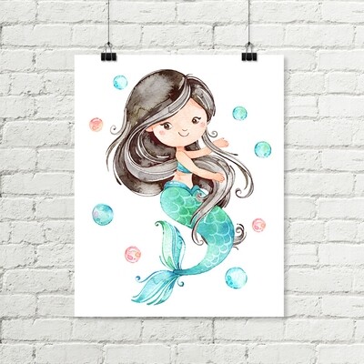 Mermaid Printable Art Black Hair, Aqua Pink Watercolor Bathroom Art for Girls