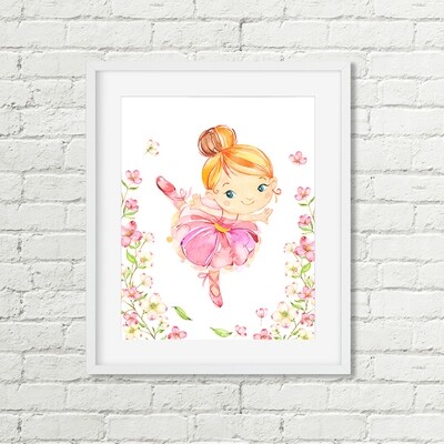 Blonde Ballerina Wall Art Printable, Ballet Dancer Pink Floral Watercolor