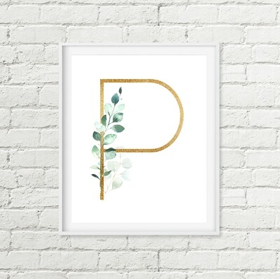 Eucalyptus Leaf Monogram Printable Art, Gold Letter Housewarming Gift