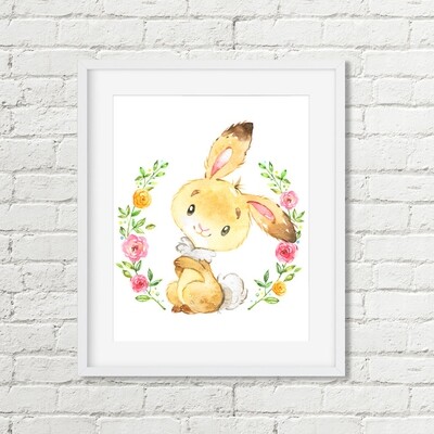 Bunny Printable Wall Art, Floral Watercolor Nursery Print, Girls Room Decor
