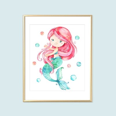 Pink Hair Mermaid Printable Wall Art, Girls Aqua Pink Room Decor, Kids Bathroom Art